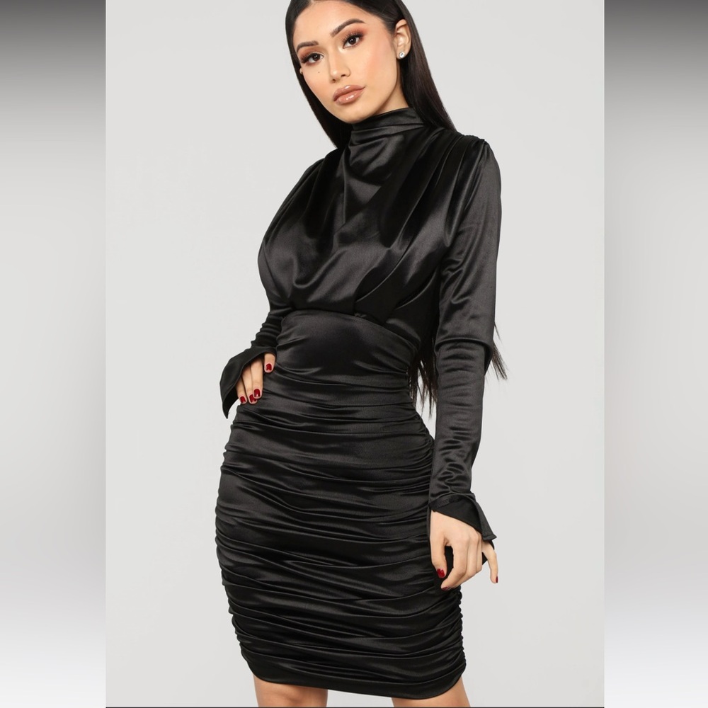 Black Ruched Satin Dress S